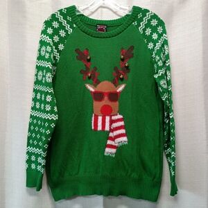 Well Worn Brand Ugly Christmas Sweater COOL Reindeer Jingle Bells Green Womens L